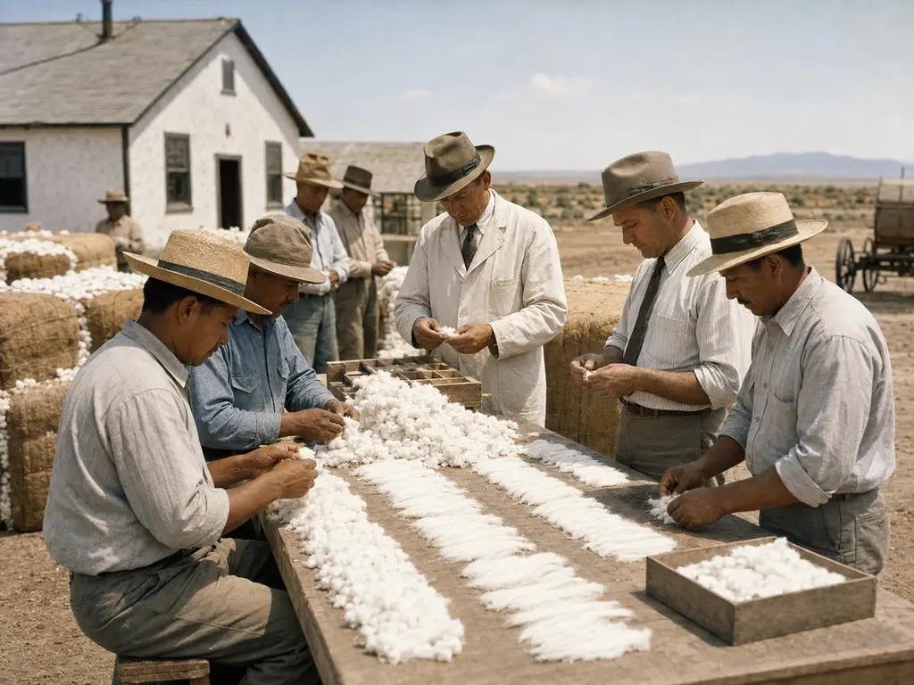 Escena histórica de la estandarización del algodón American Pima en Estados Unidos