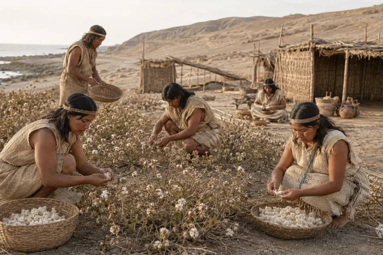 Reconstrucción documental de una comunidad antigua trabajando algodón en la costa peruana
