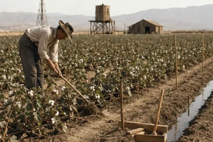 Reconstrucción editorial de un campo experimental de algodón en Sacaton, Arizona